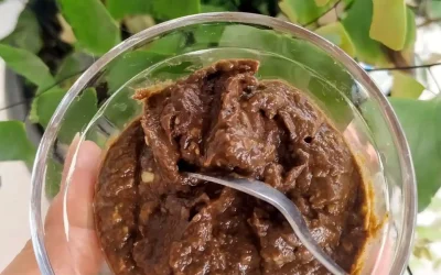 Mão segurando pote com Mousse de Maracujá e Cacau com uma colher dentro e fundo com planta